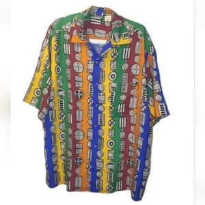 Vintage Men Go Silk Artsy Shirt Sz 3X Tall Geometric Striped Button Y2k Hipster